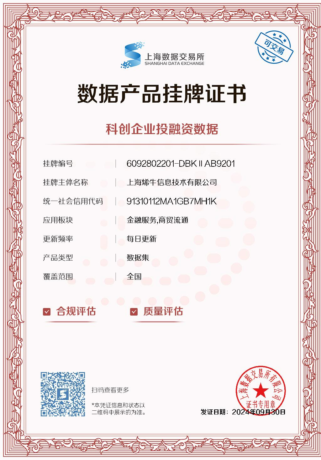 全方位赋能科创金融服务，烯牛数据20项核心数据产品在上海数交所成功挂牌 |  数交所上新